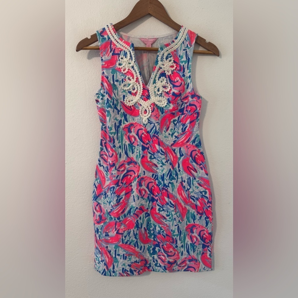 Lilly Pulitzer Harper Shift Dress Cosmic Coral Cracked Up Lobster Roll NWT XXS